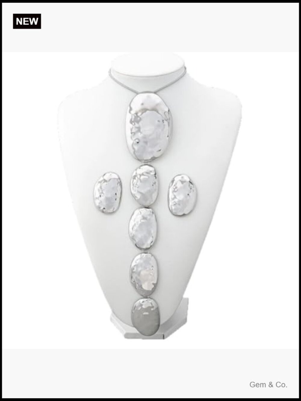 Long Oval Y Necklace Earring Set Hammered Geometric Statement Jewelry - Picture 7 of 7